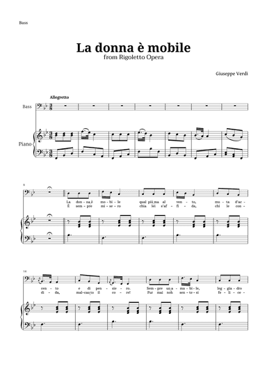 La donna è mobile in B-flat major for Bass and Piano (arr. Langanho)