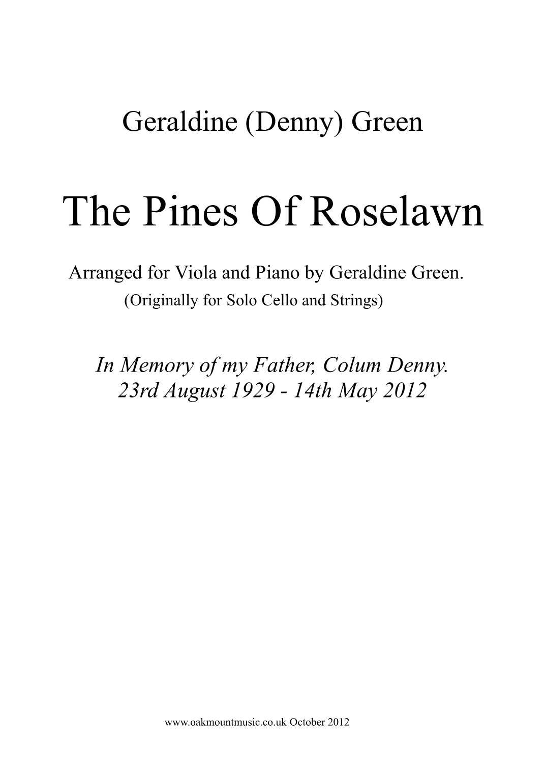 The Pines Of Roselawn, Intermezzo For Solo Cello and Strings  (Viola and Piano Arrangement)