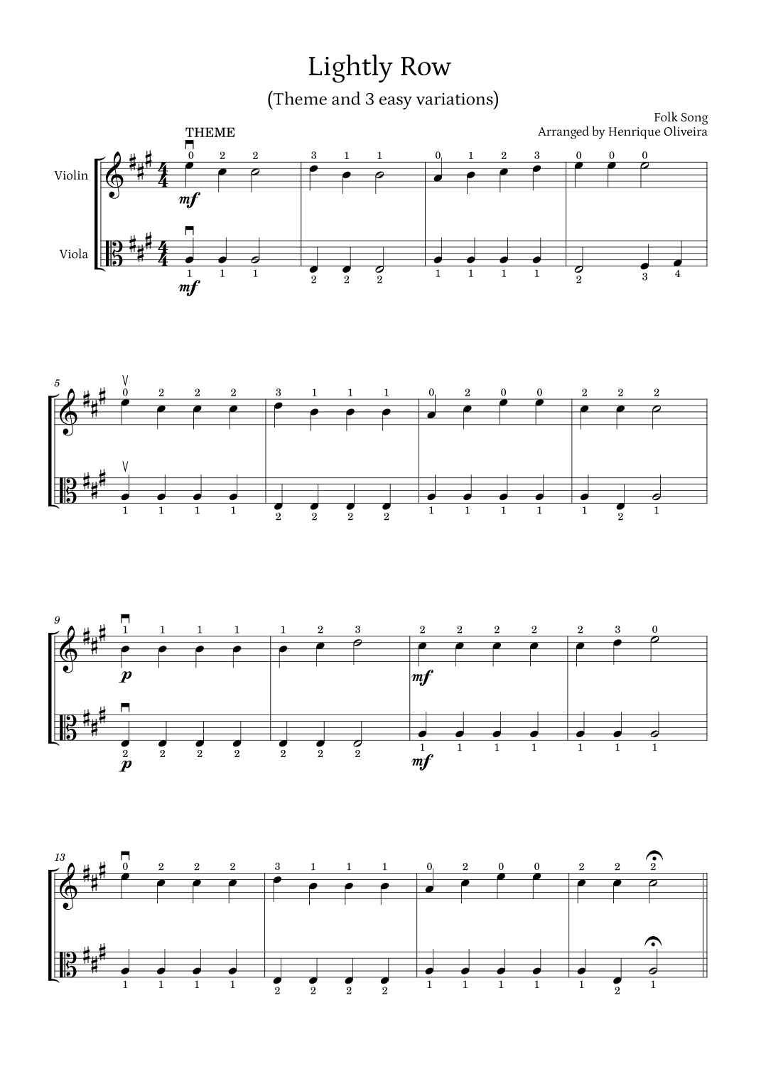 Lightly Row (Theme with 3 Easy Variations) - For Violin and Viola (arr. Henrique Oliveira)