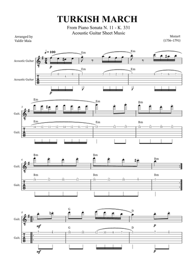 Turkish March - Acoustic Guitar (with tablature and chords) (arr. Valdir Maia)