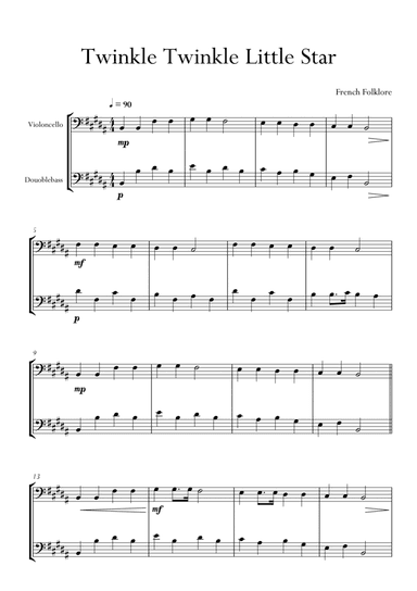 Twinkle Twinkle Little Star in B Major for Cello (Violoncello) and Double Bass Duo. Easy version. (arr. Matheus Araújo)