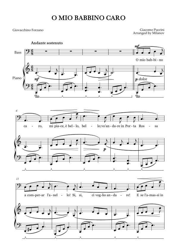 O Mio Babbino Caro | Male Voice Bass | C Major | Piano accompaniment | Pedal (arr. Milanov)