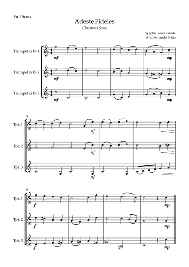 Adeste Fideles (Christmas Song) for Trumpet in Bb Trio (arr. Fernando Britto)