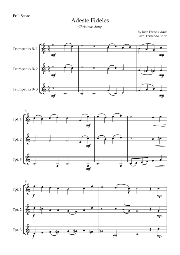 Adeste Fideles (Christmas Song) for Trumpet in Bb Trio (arr. Fernando Britto)