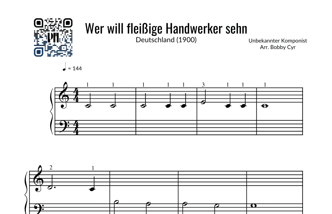 Wer will fleißige Handwerker sehn - Kinderreime (leichtes Klavier) (arr. Bobby Cyr - Piano Notion)