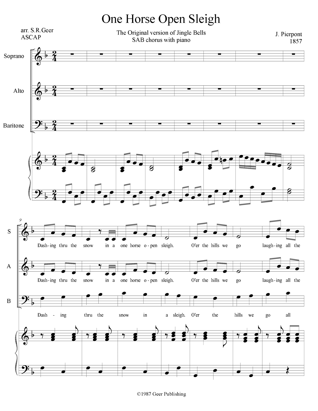 Original 1857 Jingle Bells for SAB chorus (arr. S.R.Geer, ASCAP)