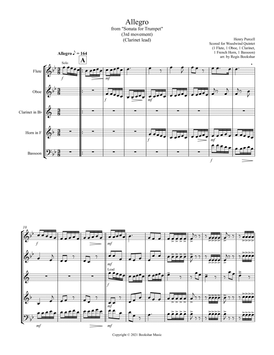 Allegro (from "Sonata for Trumpet") (Bb) (Woodwind Quintet - 1 Flute, 1 Oboe, 1 Clar, 1 Hrn, 1 Basso (arr. Regis Bookshar)