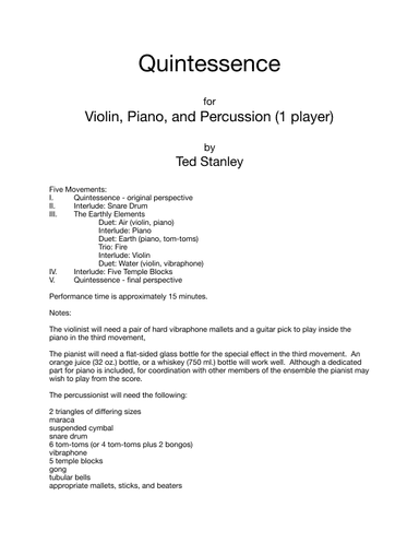 Quintessence - Trio for Violin, Piano, and Percussion