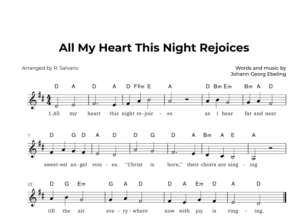 All My Heart This Night Rejoices (Key of D Major) (arr. R. Salvario)
