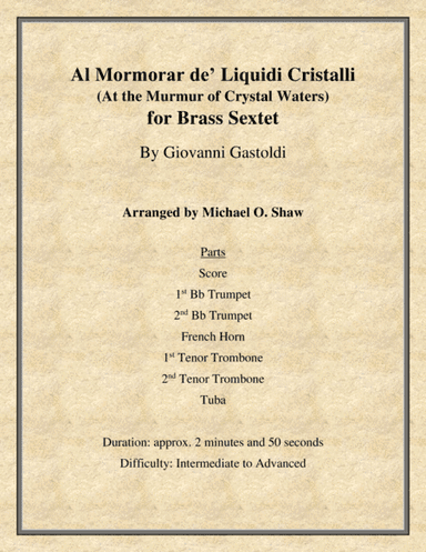 Al Mormorar de’ Liquidi Cristalli by Giovanni Gastoldi for Brass Sextet (arr. Michael O. Shaw)