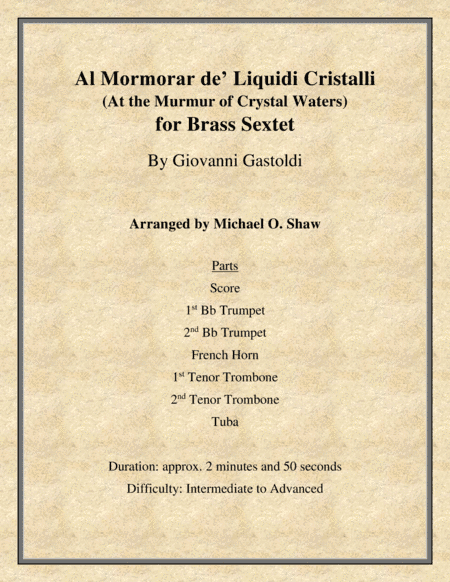 Al Mormorar de’ Liquidi Cristalli by Giovanni Gastoldi for Brass Sextet (arr. Michael O. Shaw)