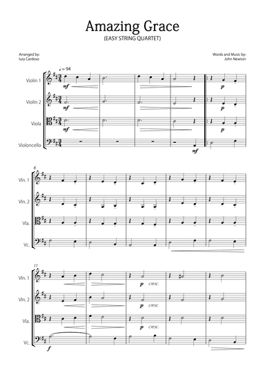 "Amazing Grace" - Beautiful EASY version for STRING QUARTET. (arr. Iury Cardoso)