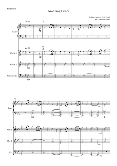 Amazing Grace (John Newton, E. O. Excell) for String Trio and and Piano Accompaniment with Chords (arr. Fernando Britto)