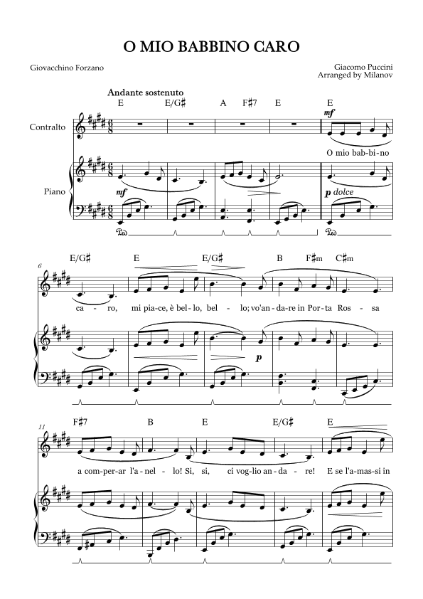 O Mio Babbino Caro | Female Voice Contralto | E Major | Piano accompaniment | Pedal | Chords (arr. Milanov)
