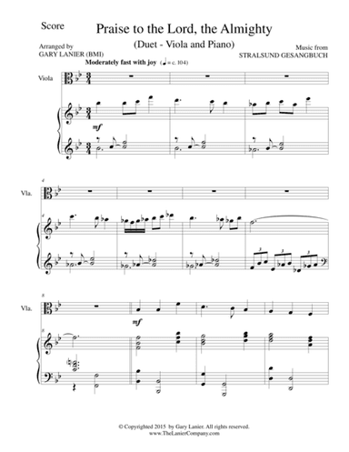 PRAISE TO THE LORD, THE ALMIGHTY (Duet – Viola and Piano/Score and Parts) (arr. Gary Lanier)