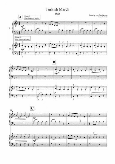 Turkish March by Beethoven PIANO DUET (For Beginners) (arr. Cinorita)