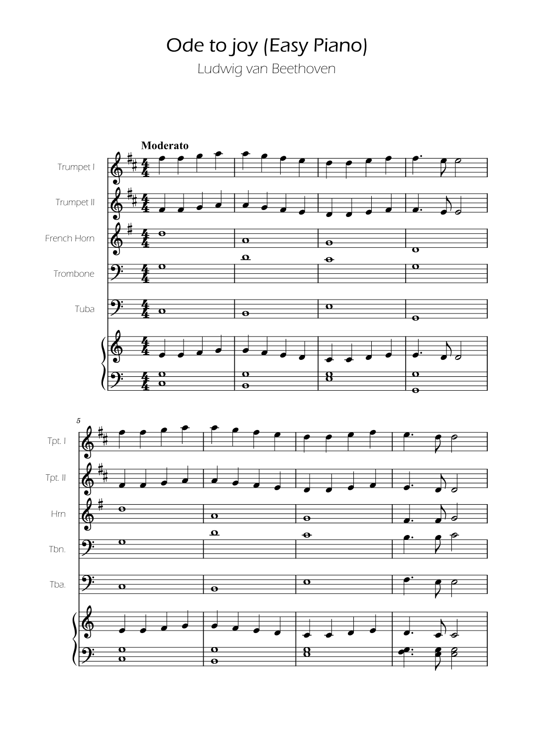 Ode To Joy - Easy Brass Quintet w/ piano accompaniment (arr. Ygor Nunes)