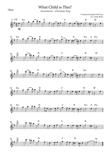 What Child is This? - Greensleeves (Christmas Song) for Oboe Solo with Chords (arr. Fernando Britto)