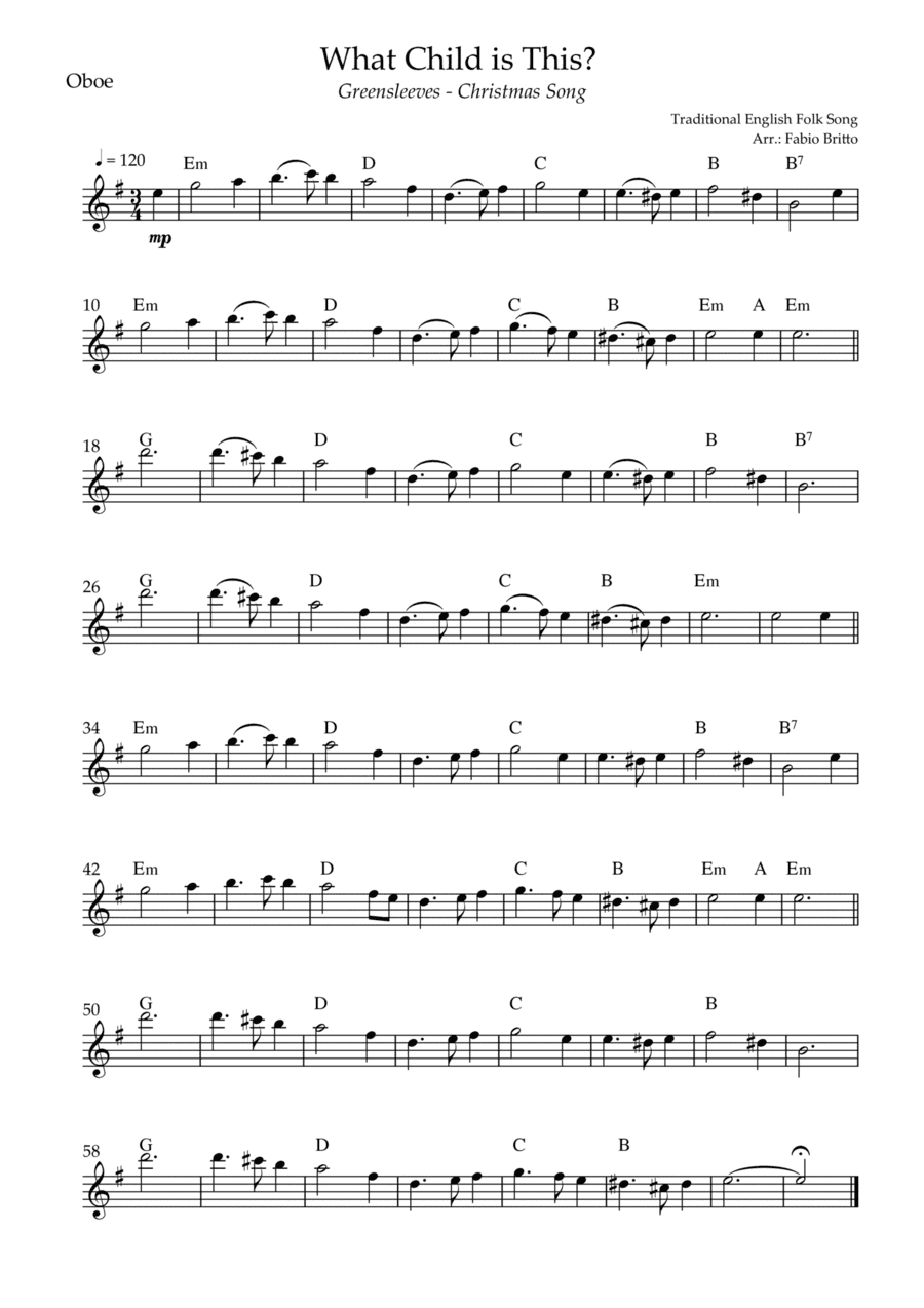 What Child is This? - Greensleeves (Christmas Song) for Oboe Solo with Chords (arr. Fernando Britto)