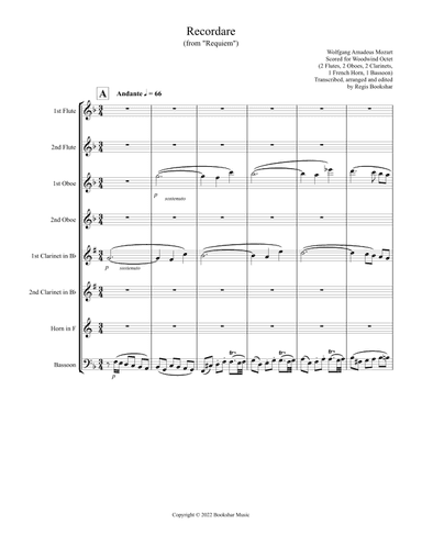 Recordare (from "Requiem") (F) (Woodwind Octet - 2 Flutes, 2 Oboes, 2 Clar, 1 Hrn, 1 Bassoon) (arr. Regis Bookshar)