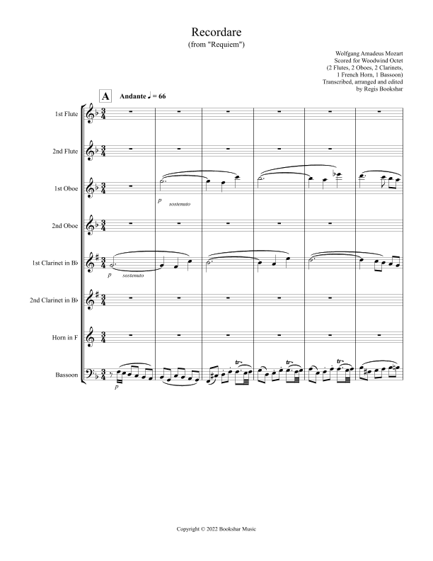 Recordare (from "Requiem") (F) (Woodwind Octet - 2 Flutes, 2 Oboes, 2 Clar, 1 Hrn, 1 Bassoon) (arr. Regis Bookshar)