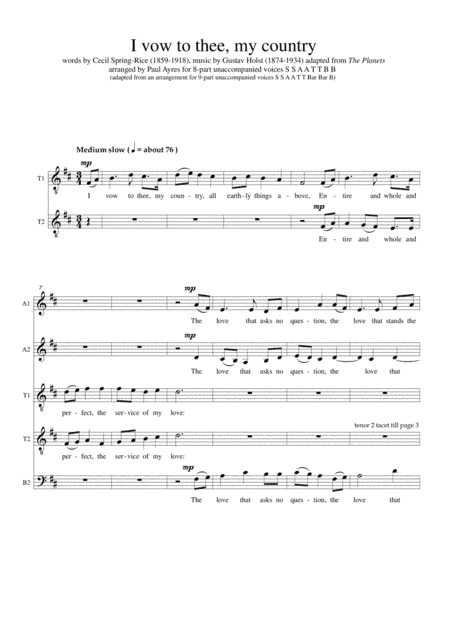 I vow to thee my country: 8-part choral arrangement (arr. Paul Ayres)