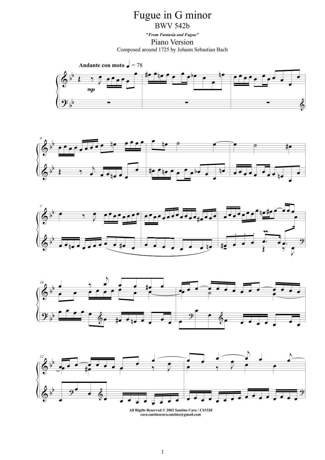 Bach - Fugue in G minor BWV 542b - Piano version (arr. Santino Cara)