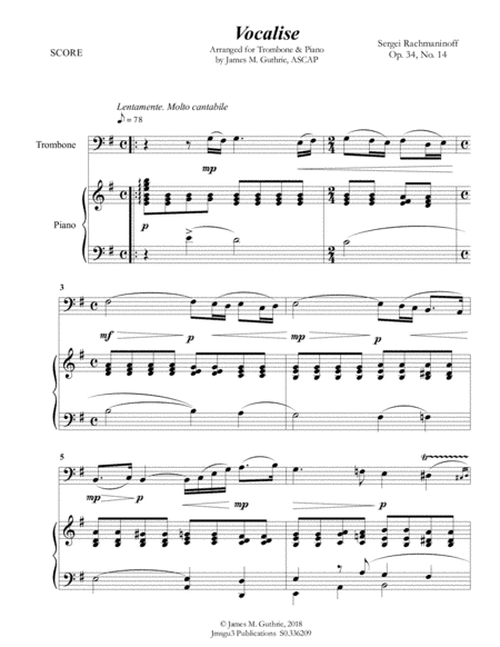 Rachmaninoff: Vocalise for Trombone & Piano (arr. James M. Guthrie, ASCAP)