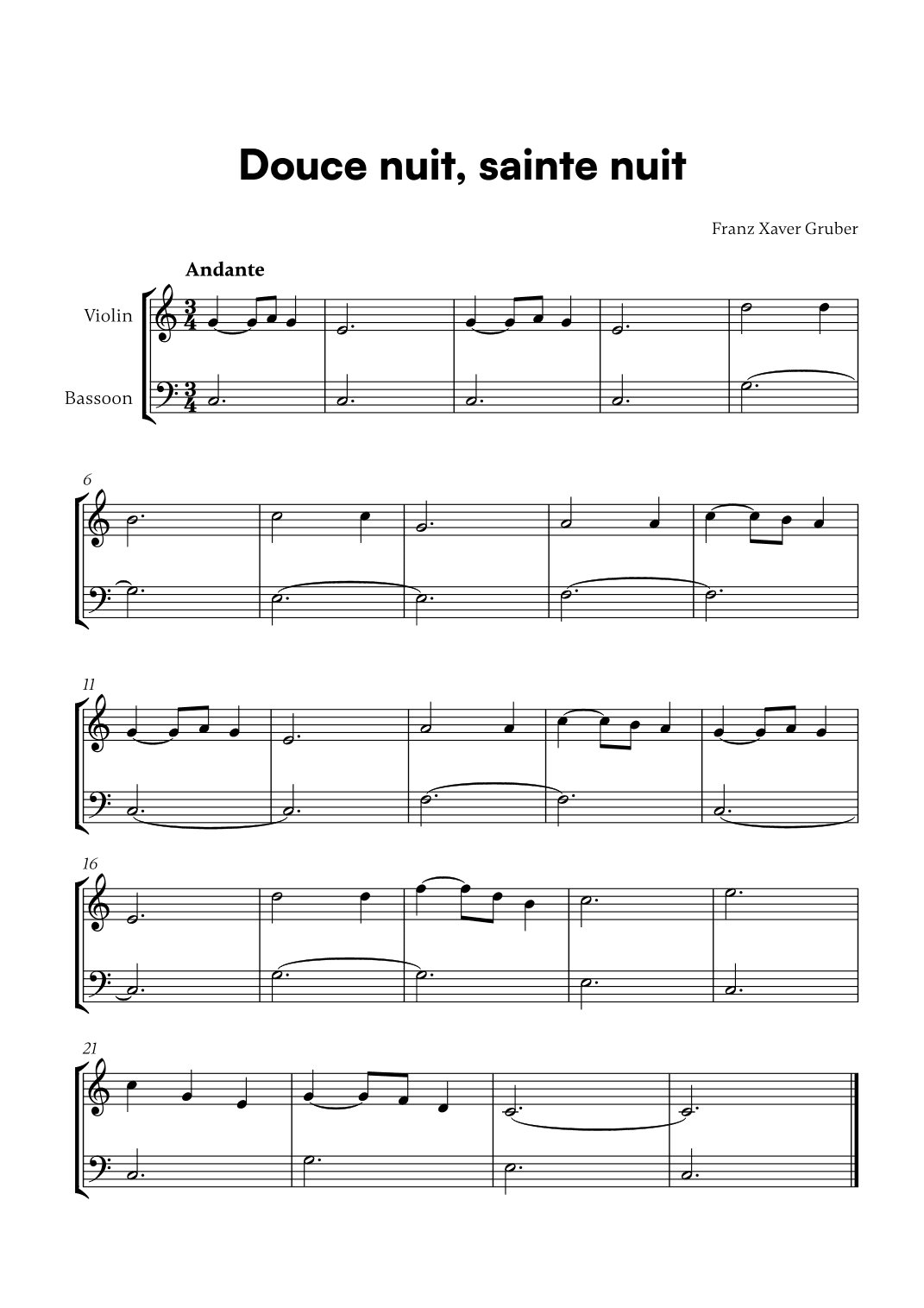 Douce nuit, sainte nuit (for Violin and Bassoon) (arr. Cadenza Editions)
