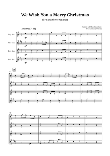 We Wish You a Merry Christmas (Saxophone Quartet) - Intermediate Level (arr. Henrique Oliveira)