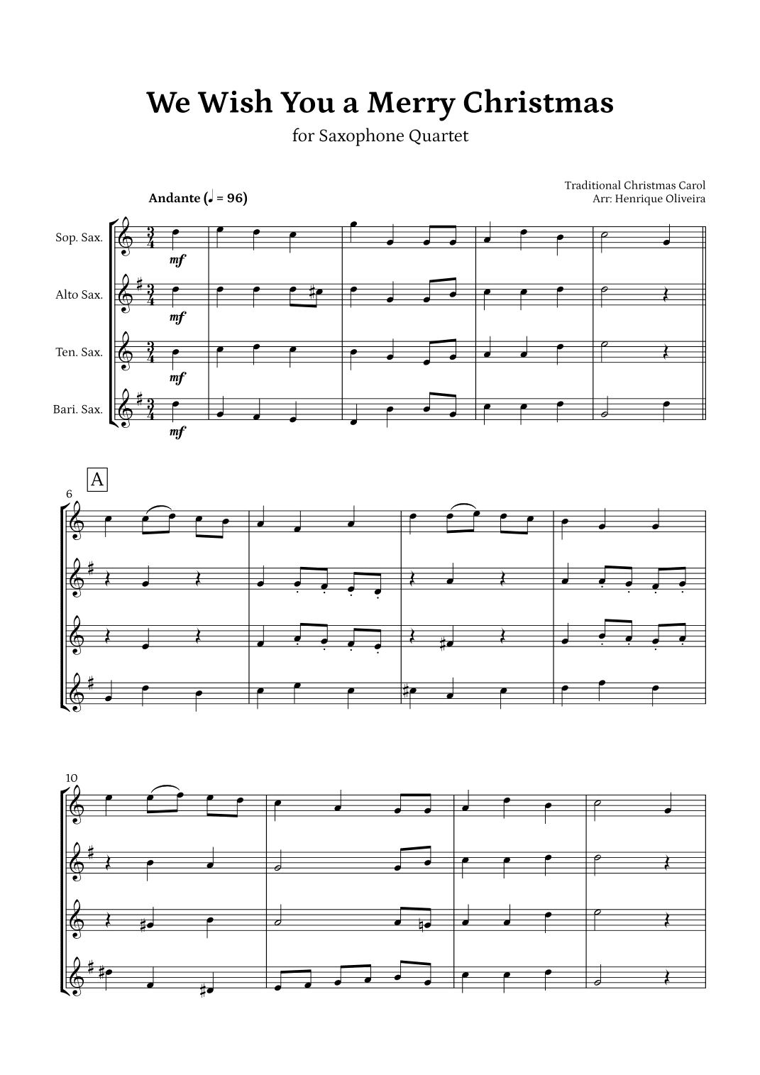 We Wish You a Merry Christmas (Saxophone Quartet) - Intermediate Level (arr. Henrique Oliveira)