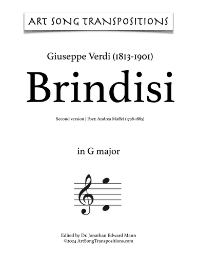 VERDI: Brindisi (second version, transposed to G major) (arr. ArtSongTranspositions.com)