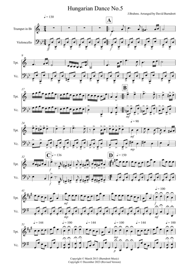 Hungarian Dance No.5 for Trumpet and Cello Duet (arr. David Burndrett)