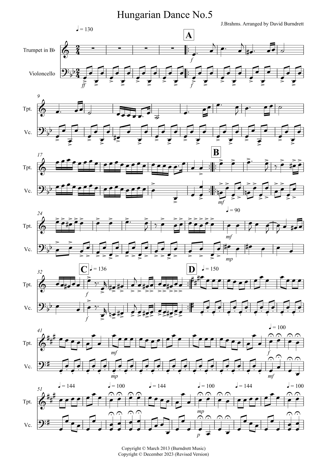 Hungarian Dance No.5 for Trumpet and Cello Duet (arr. David Burndrett)
