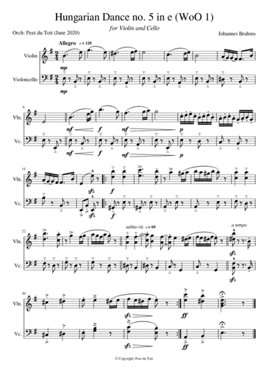 Hungarian Dance no. 5 (WoO 1) in e - Johannes Brahms (Violin & Cello) excerpt (arr. Peet du Toit)