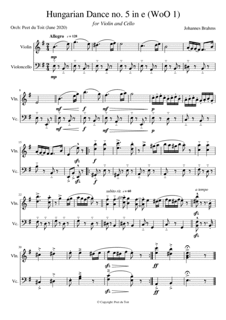 Hungarian Dance no. 5 (WoO 1) in e - Johannes Brahms (Violin & Cello) excerpt (arr. Peet du Toit)