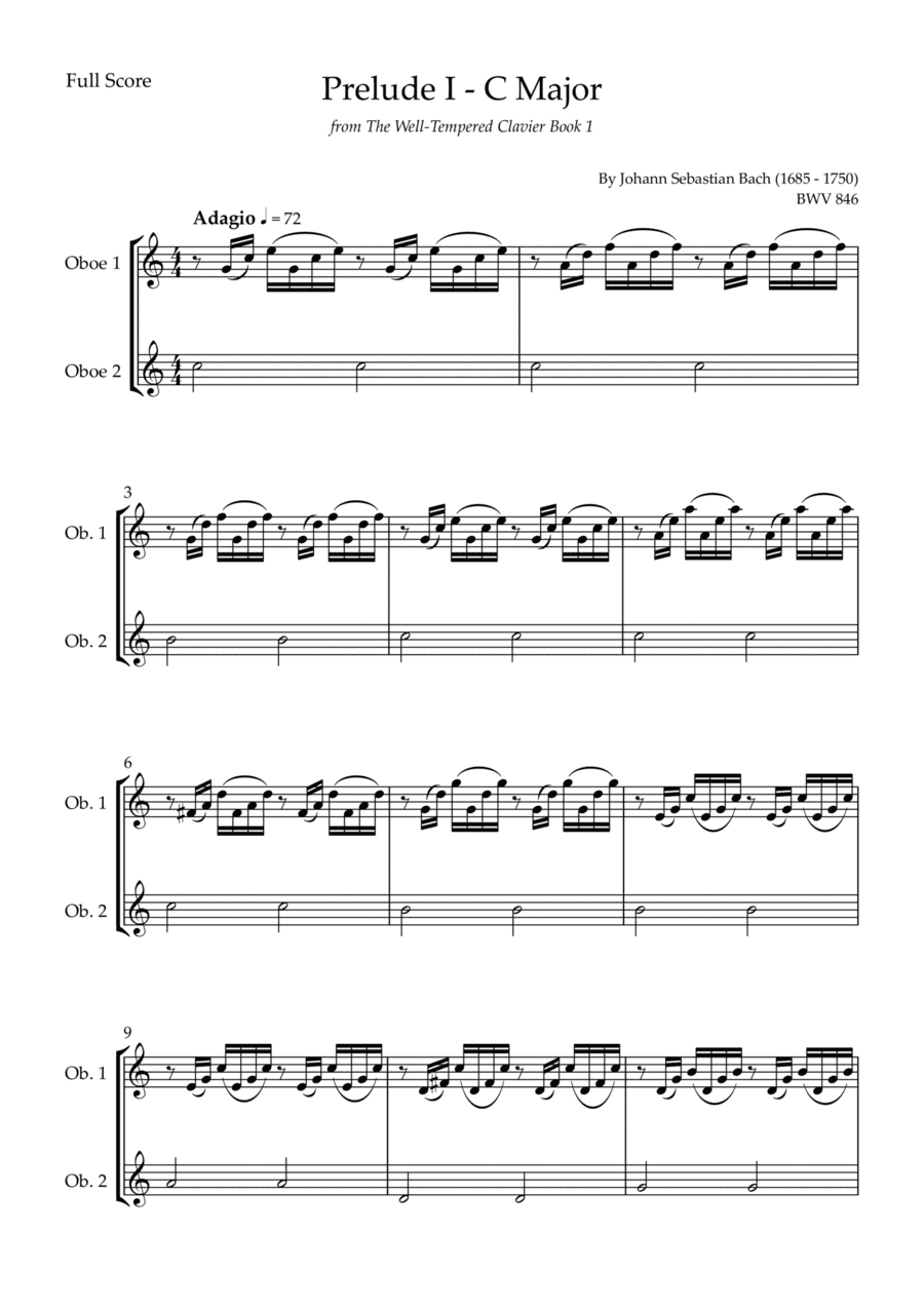 Prelude 1 in C Major BWV 846 (from Well-Tempered Clavier Book 1) for Oboe Duo (arr. Fabio Britto)