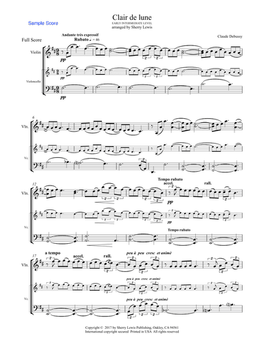 CLAIR DE LUNE String Duo Early Intermediate level for violin and cello (arr. Sherry Lewis)