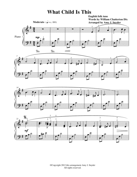 What Child Is This, early intermediate piano solo (arr. Amy J. Snyder)