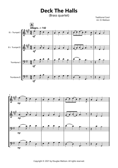 Deck The Halls for brass quartet (arr. Douglas Wattson)