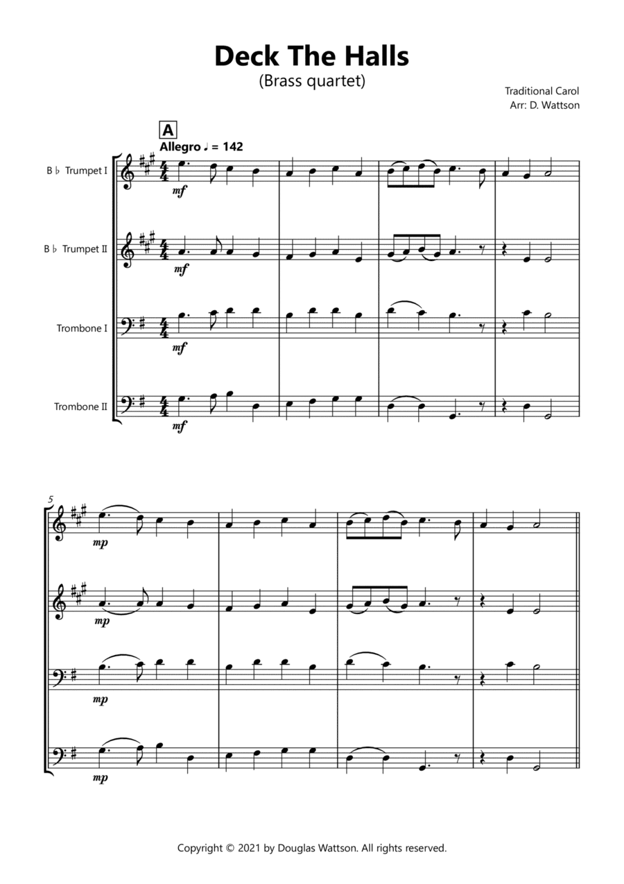 Deck The Halls for brass quartet (arr. Douglas Wattson)