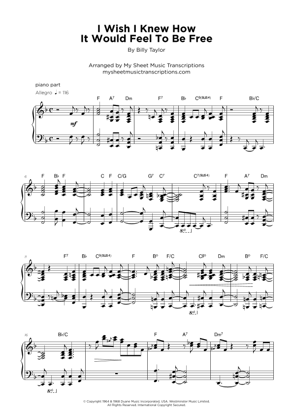 I Wish I Knew How It Would Feel To Be Free (arr. My Sheet Music Transcriptions)