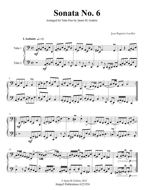 Loeillet: Sonata No. 6 for Tuba Duo (arr. James M. Guthrie)