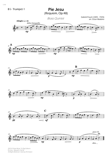 Pie Jesu (Requiem, Op.48) - Brass Quintet (Individual Parts) (arr. César Madeira)