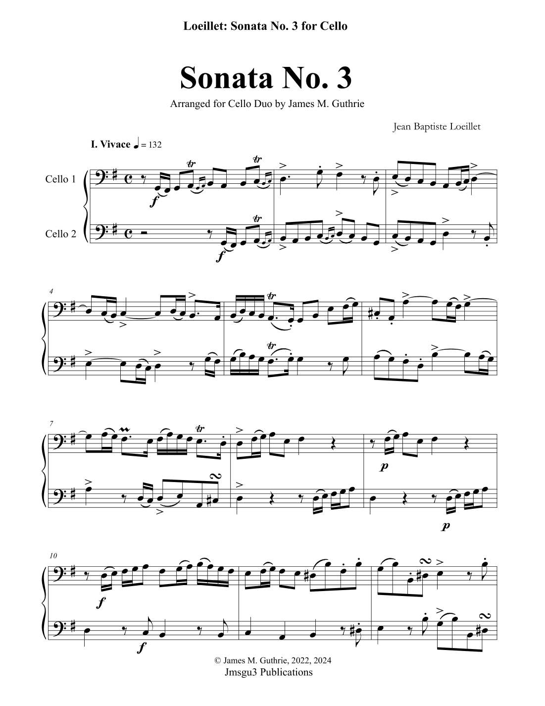 Loeillet: Sonata No. 3 for Cello Duo (arr. James M. Guthrie)