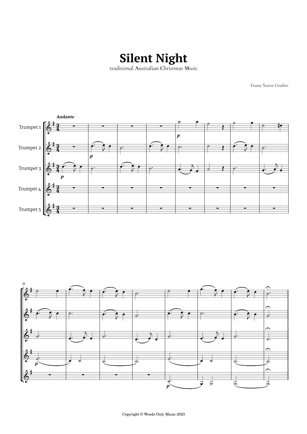 Silent Night by Franz Gruber for Trumpet Quintet (arr. Ander)