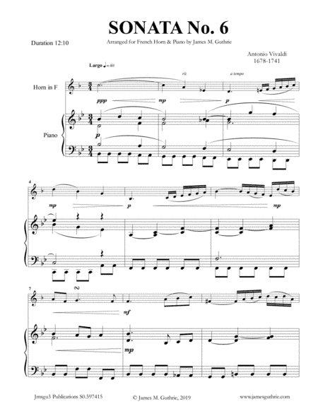 Vivaldi: Sonata No. 6 for French Horn & Piano (arr. James M. Guthrie, ASCAP)