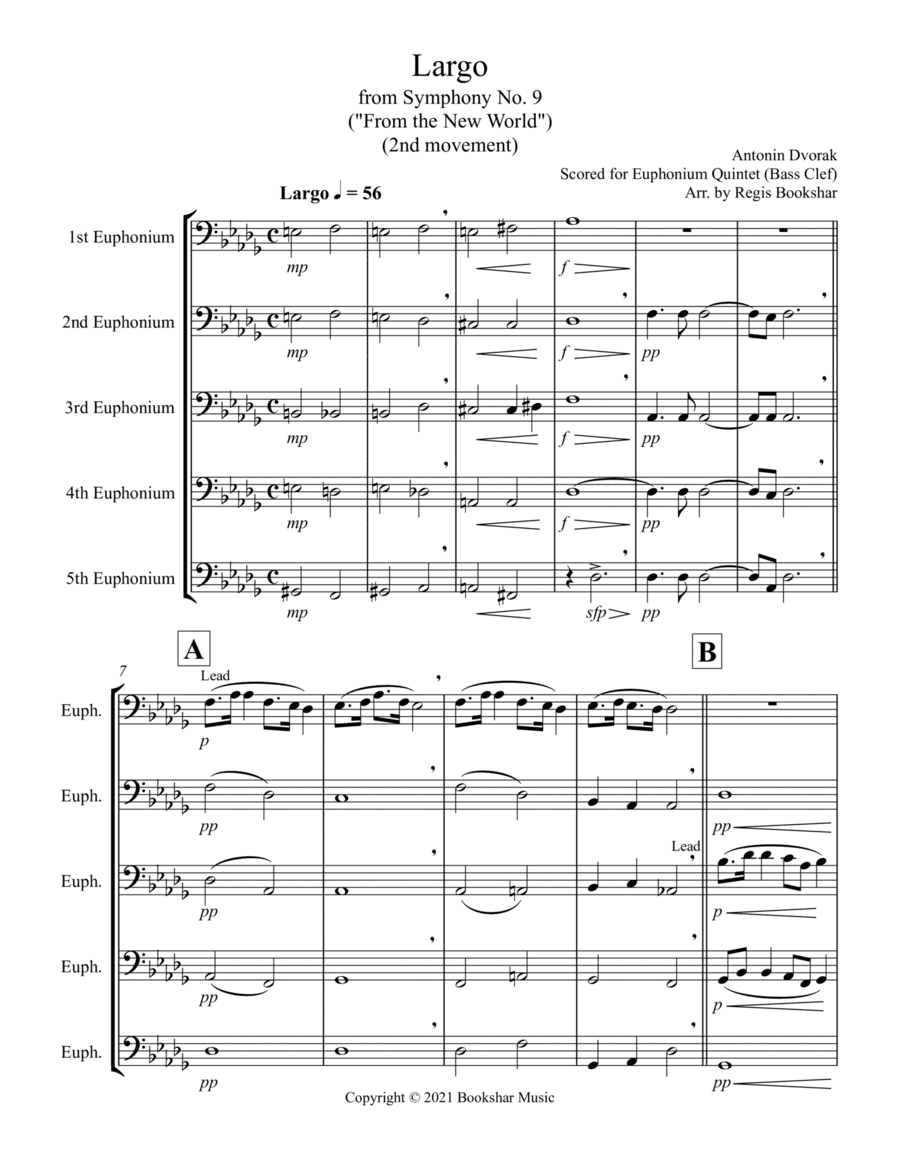 Largo (from "Symphony No. 9") ("From the New World") (Db) (Euphonium Quintet - Bass Clef) (arr. Regis Bookshar)