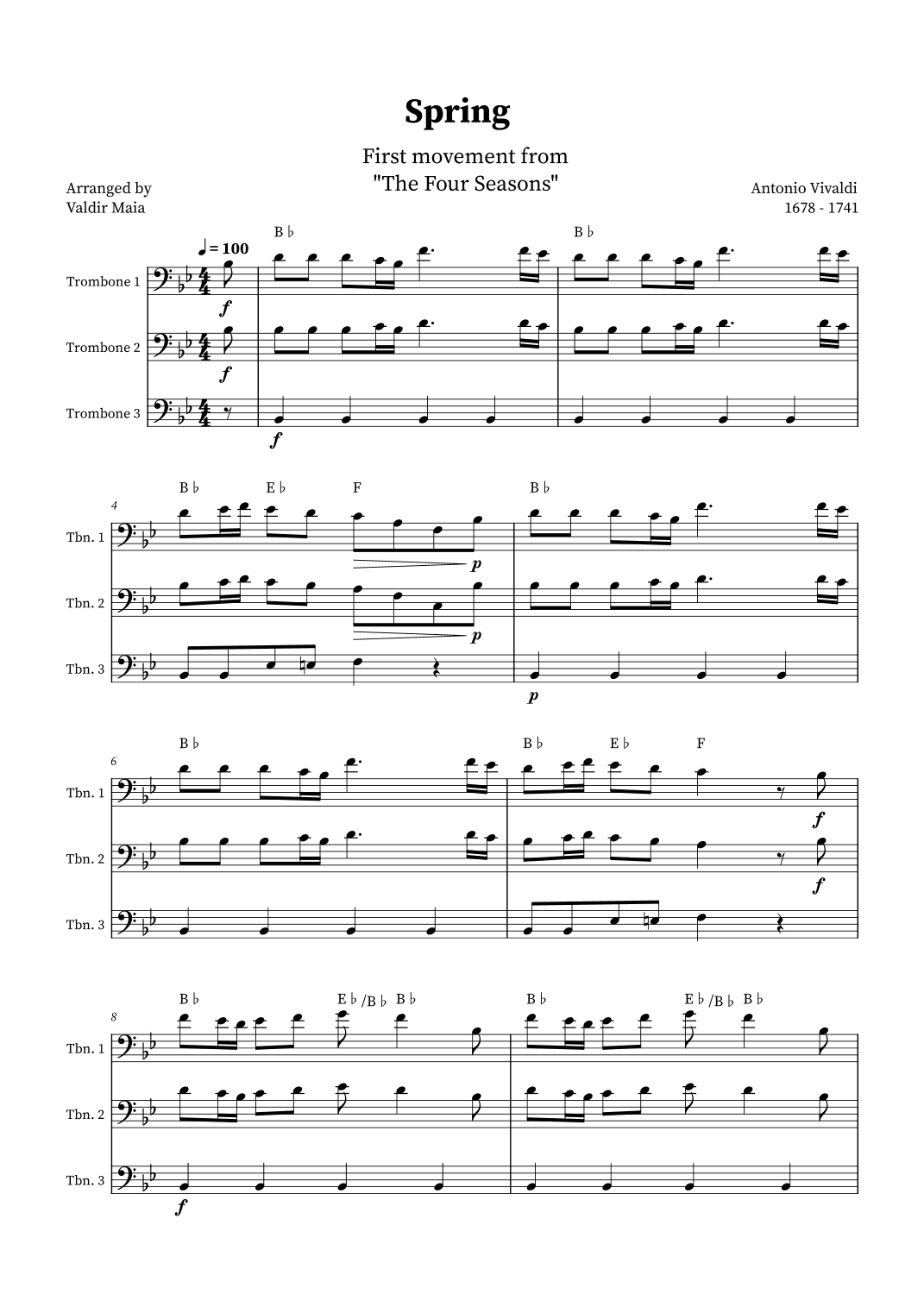 Spring - The Four Seasons for Trombone Trio (+ CHORDS) (arr. Valdir Maia)