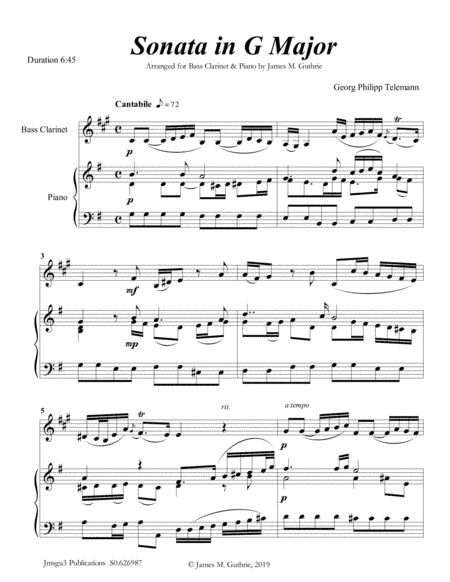 Telemann: Four Sonatas for Bass Clarinet & Piano (arr. James Guthrie, ASCAP)